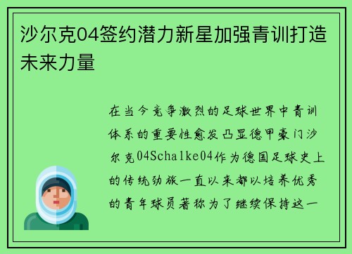沙尔克04签约潜力新星加强青训打造未来力量